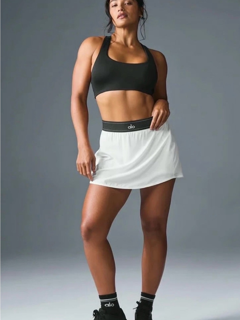 Alo Yoga Match Point Tennis Skirt Skort Elastic Waist White/Black Women S #116